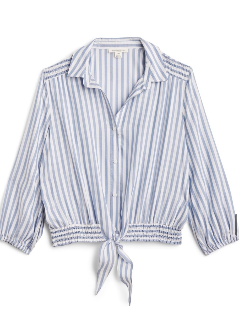 beachlunchlounge Blue and White Striped Button-Down Tie-Hem Top size Small